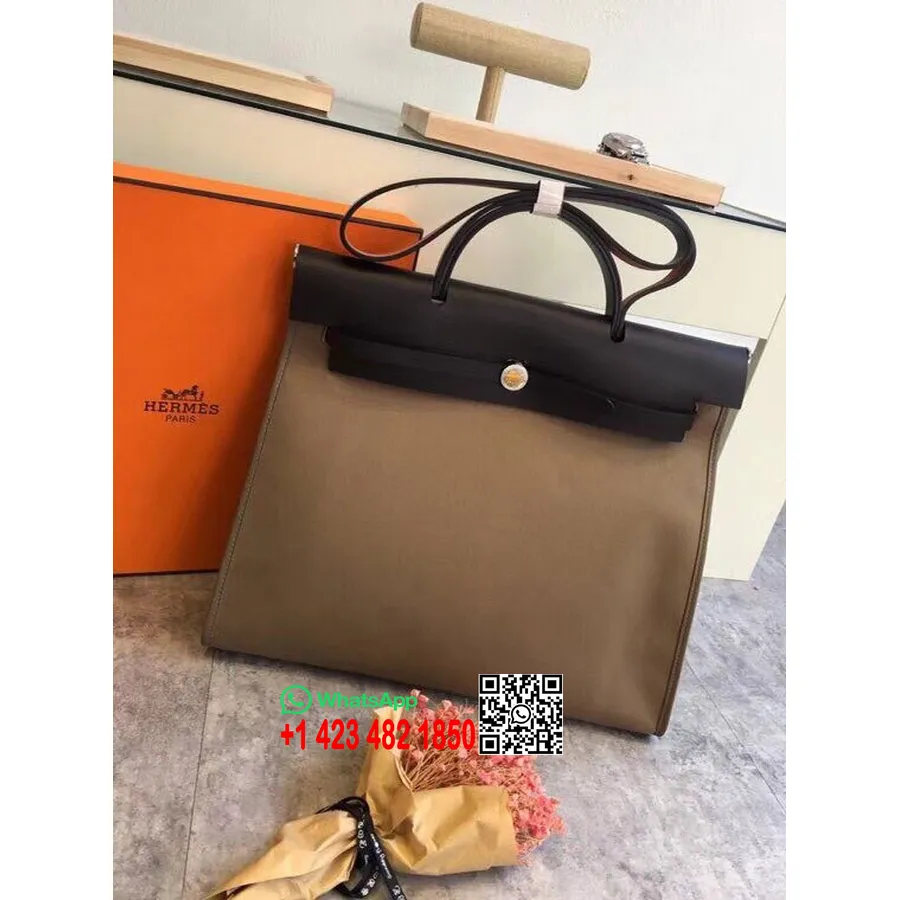 Hermes Toile H Herbag Zip Mm 39cm памучно платно паладиев хардуер, тъмно сиво