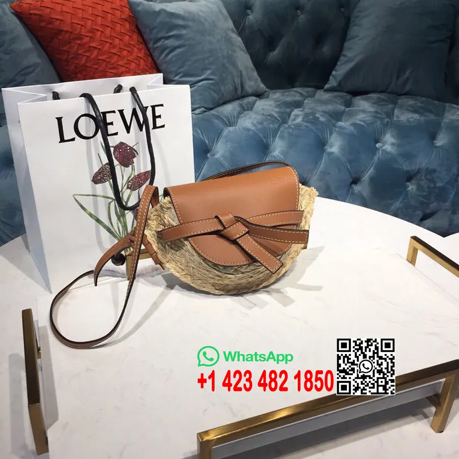 Loewe Gate Tas Bahu Rafia Mini 22cm Kulit Anak Sapi Koleksi Musim Semi/musim Panas 2019, Tan