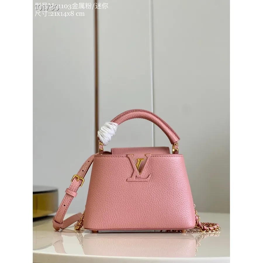 Louis Vuitton Capucines Mini Soma 21cm Taurillon ādas Rudens/ziemas 2022 Kolekcija M21103, Pērļu Rozā