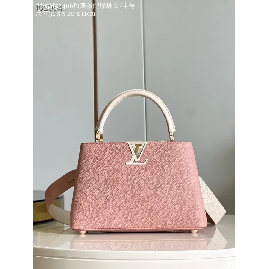 Sac Louis Vuitton Capucines Mm 31cm Avec Poignée Python Cuir Taurillon Collection Automne/hiver 2022 M56466, Rose Trianon/greige