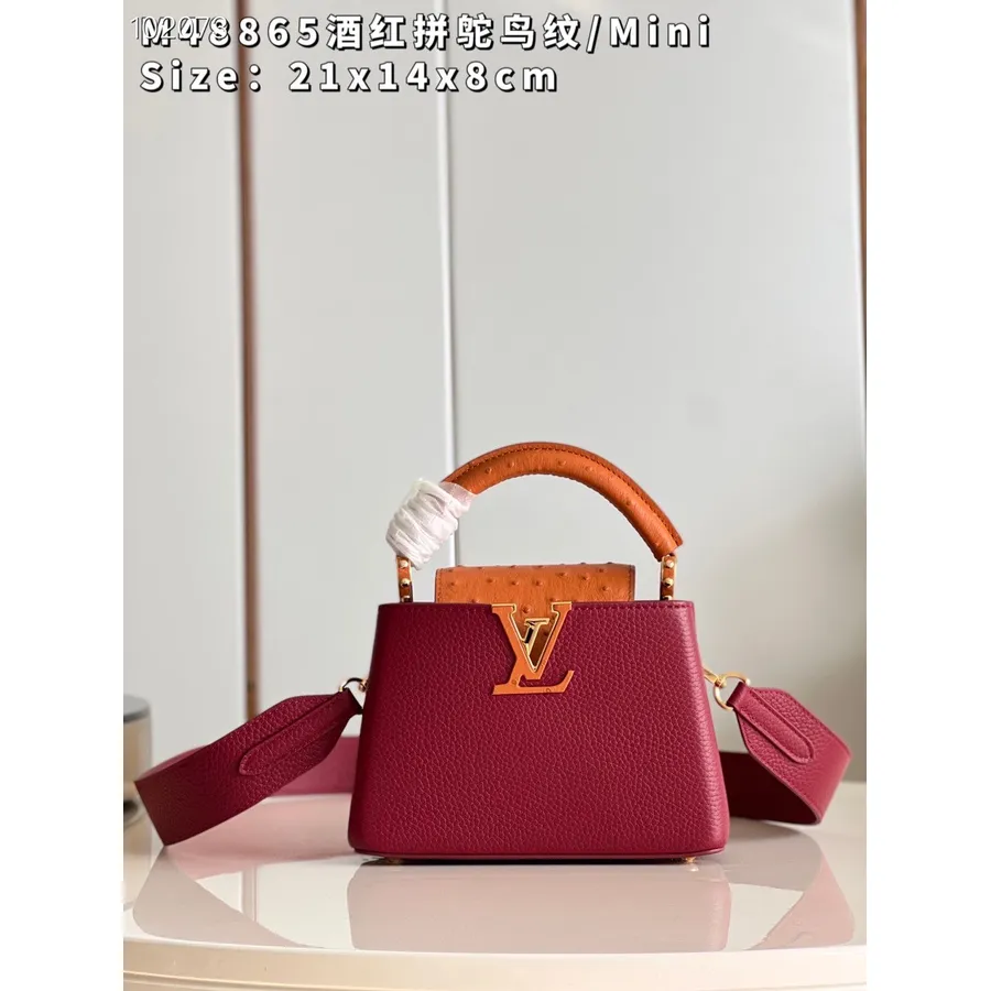 Louis Vuitton Capucines Minitasche 21 Cm Mit Straußengriff, Taurillonleder, Herbst-/Winterkollektion 2022, M48865, Burgunderrot/