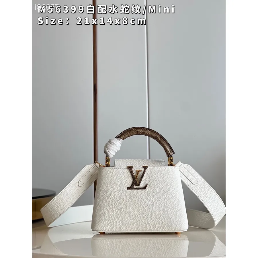 Louis Vuitton Capucines Minitasche 21 Cm Mit Python-Griff, Taurillon-Leder, Herbst/Winter 2022-Kollektion, M56399, Weiß/bronze