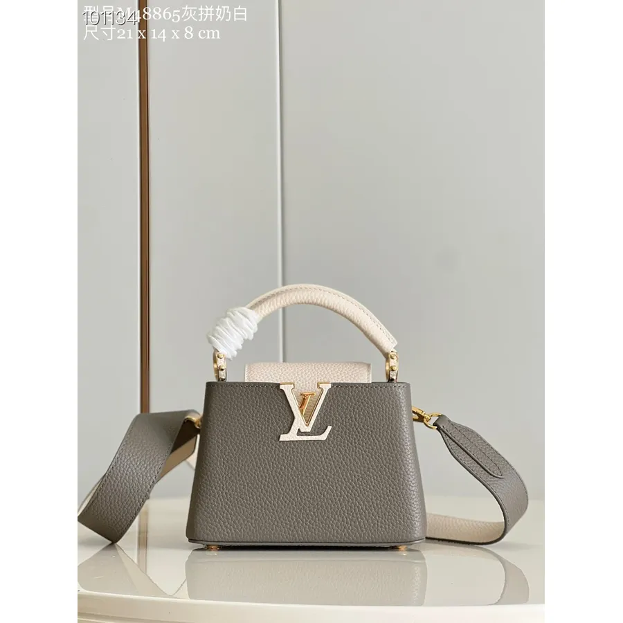 Louis Vuitton Capucines мини чанта 21 см Taurillon кожена колекция есен/зима 2022 г. M20708, камбанария сиво/сиво