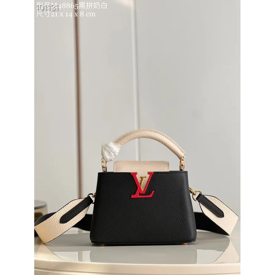 Mini Bolsa Louis Vuitton Capucines 21 Cm Couro Taurillon Coleção Outono/inverno 2022 M20708, Preto/bege Arizona/vermelho Rubi