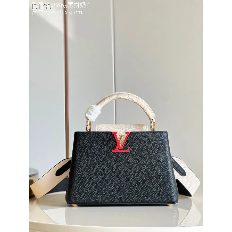 Louis Vuitton Capucines Bb Taška 27cm Taurillon Koža Jeseň/zima 2022 Kolekcia M20708, čierna/arizona Béžová/rubínová červená