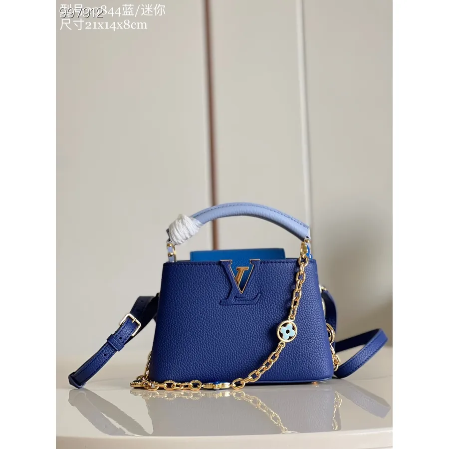 Louis Jeseň Vuitton Capucines Mini Taška 21cm Taurillon Koža/zima 2022 Kolekcia M20845, Tanzanitová Modrá/nebeská Modrá/bleu De