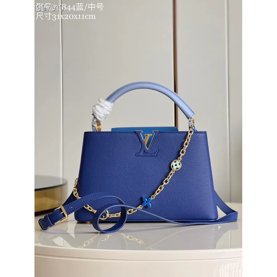 Louis Vuitton Capucines Mm τσάντα 31cm Taurillon δερμάτινο φθινόπωρο/χειμώνας 2022 συλλογή M20844, Tanzanite Blue/sky Blue/bleu