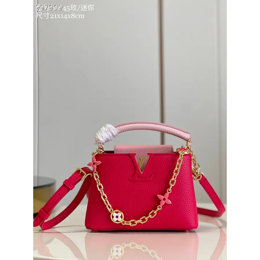 Louis Jeseň Vuitton Capucines Mini Taška 21cm Taurillon Koža/zima 2022 Kolekcia M20845, Rose Pondichery Pink / Coquille / Fr