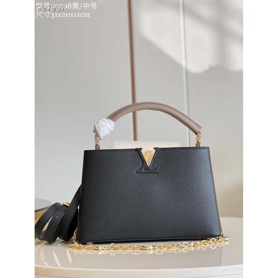 Louis Vuitton Capucines Mm τσάντα 31cm Taurillon δέρμα φθινόπωρο/χειμώνας 2022 συλλογή M20708, μαύρο/άσπρο