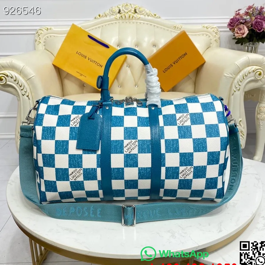 Louis Vuitton Keepall 45 Cm Damier Skakternet Lærred Læder Forår/sommer 2022 Kollektion N80404, Blågrøn/hvid