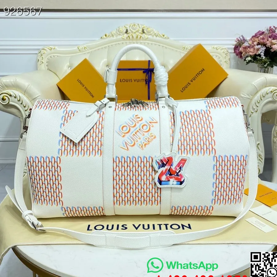 Louis Vuitton Keepall Bandouliere 50 Cm Monogram Damier Spray Okselæder Forår/sommer 2022 Kollektion M20563, Hvid