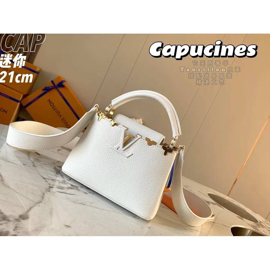 Louis Vuitton Capucines Mini Soma 21cm Ar Metāliskiem Ziediem Taurillona āda Pavasara/vasaras 2022 Kolekcija M56669, Balta