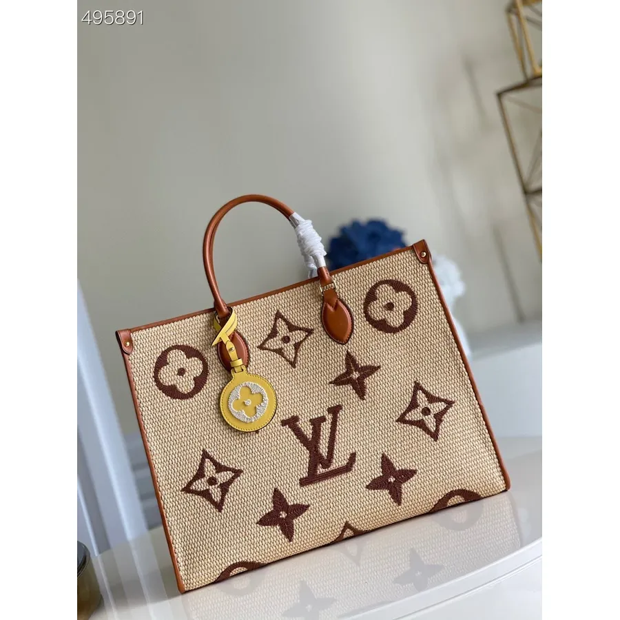 Bolsa Louis Vuitton Onthego Mm 42cm Ráfia/couro De Vaca Coleção Primavera/verão 2021 M57644, Tan