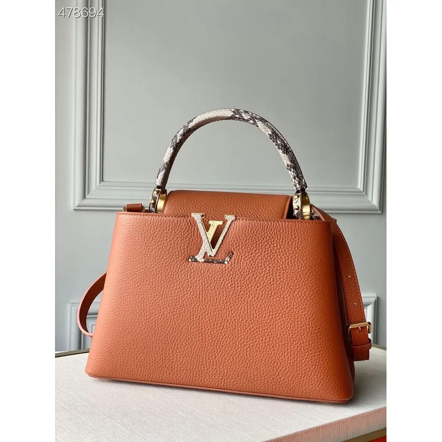 Louis Vuitton Tecido Capucines Python Alça Bolsa 31cm Taurillon Couro Primavera/verão 2021 Coleção N98388, Conhaque