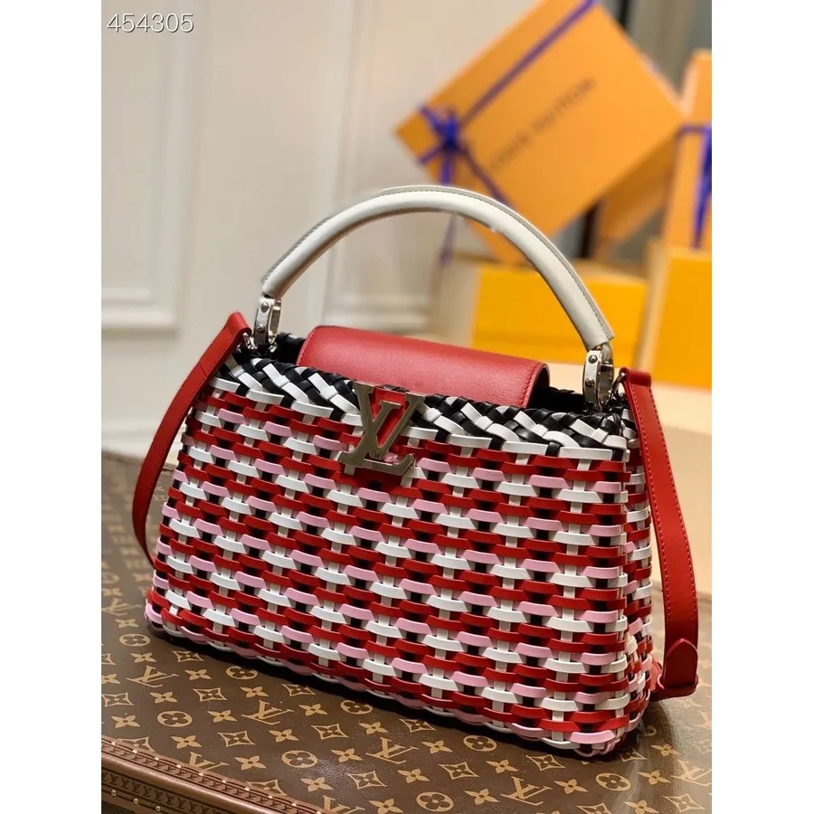 Louis Vuitton Tkaná Taška Capucines 31 Cm Taurillon Koža Téglik/leto 2021 Kolekcia M48865, Viacfarebná červená