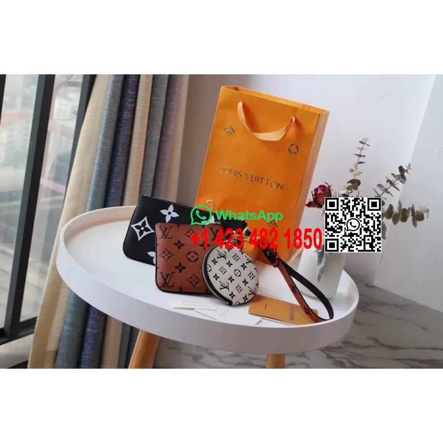 Louis Vuitton Crafty Trio Pochette 20cm Monogram Empreinte Kanvas Koleksi Musim Semi/musim Panas 2020 M69516, Tan/hitam/putih