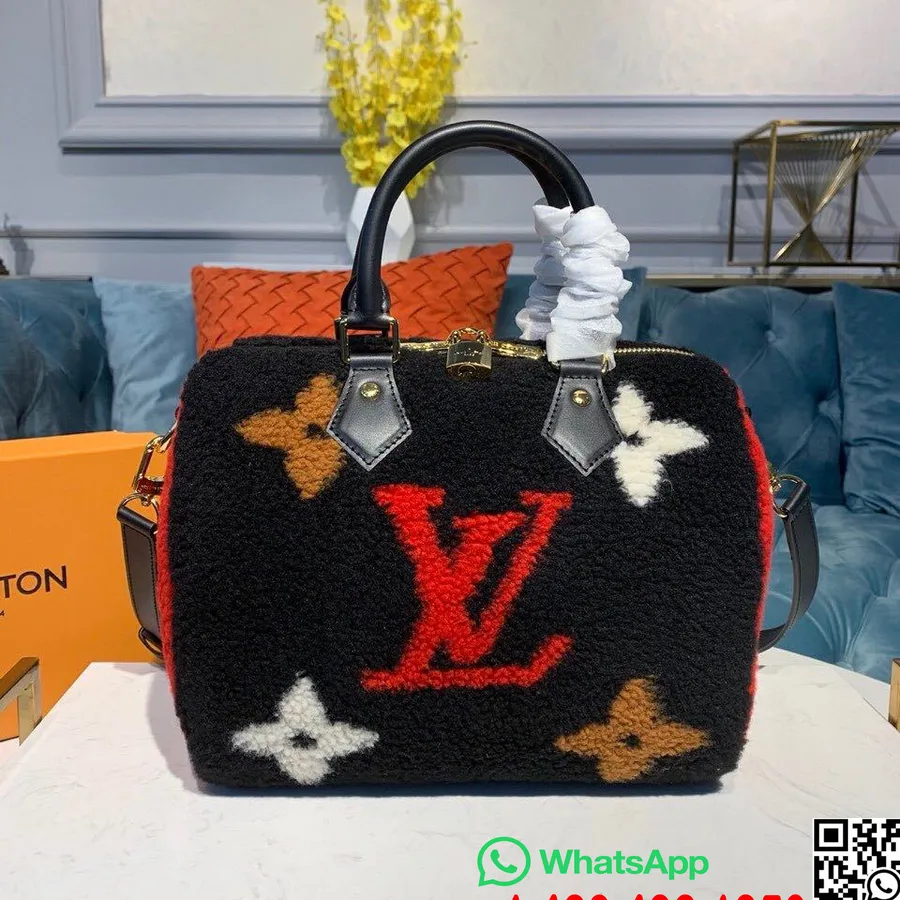 Louis Vuitton Speedy 25 Cm Shearling Pels Høst/vinter 2019 Kolleksjon M55422, Svart/rød