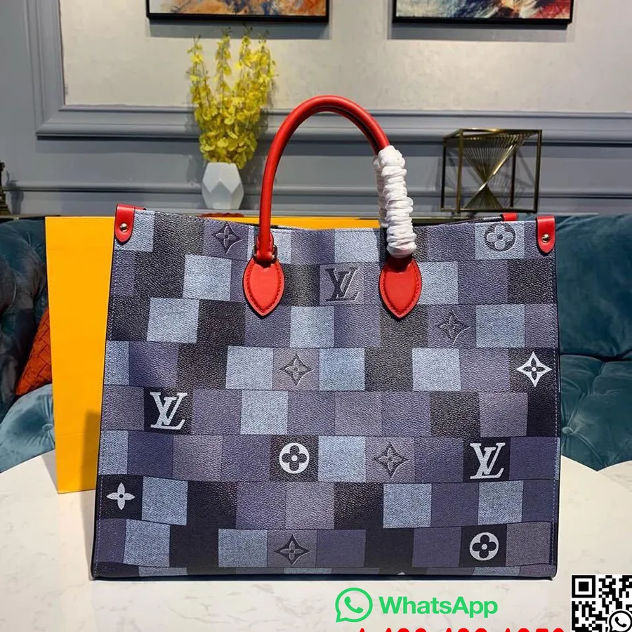 Louis Vuitton Onthego Väska 42cm Patchwork Monogram Pläd Rutig Canvas Vår/sommar 2019 Kollektion M44576, Jeansblå