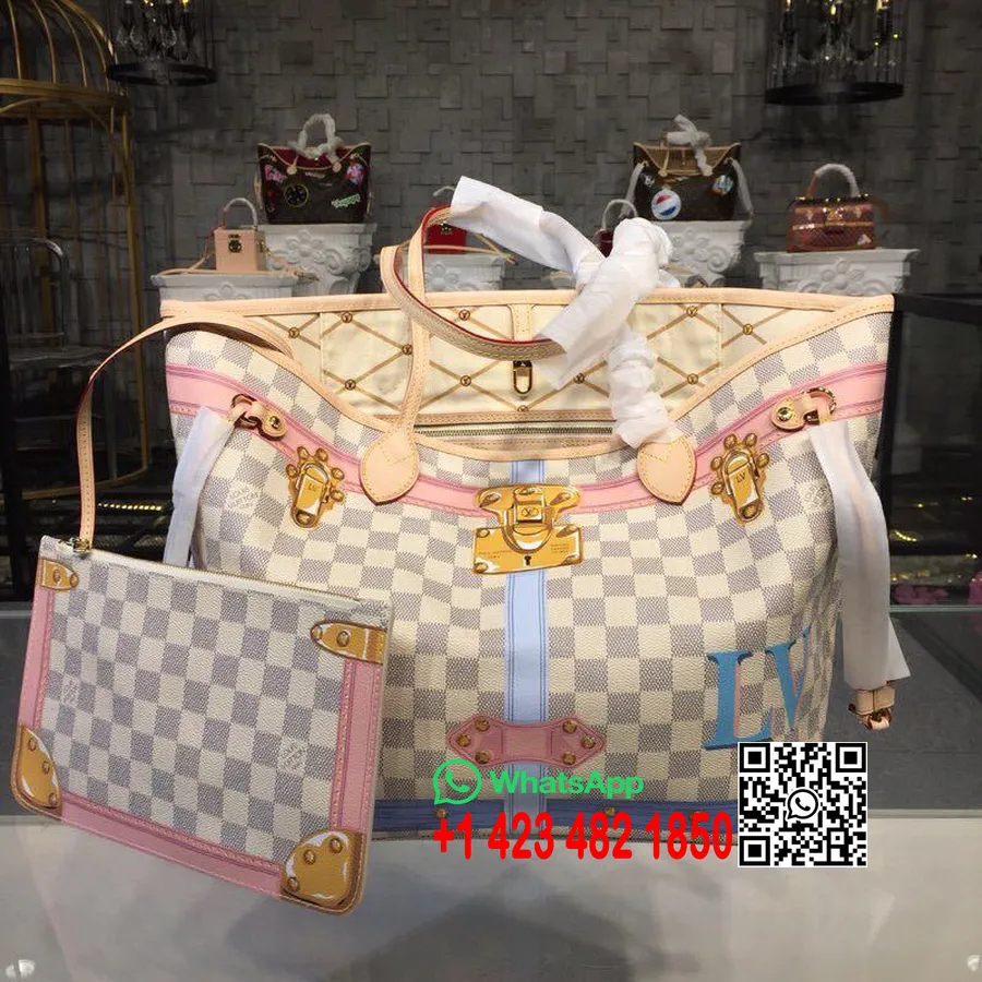 Louis Vuitton Neverfull Mm Soma 32cm Trompe L'oeil Print Damier Azur Canvas Rudens/ziemas 2018 Kolekcija N41065, Bēšs