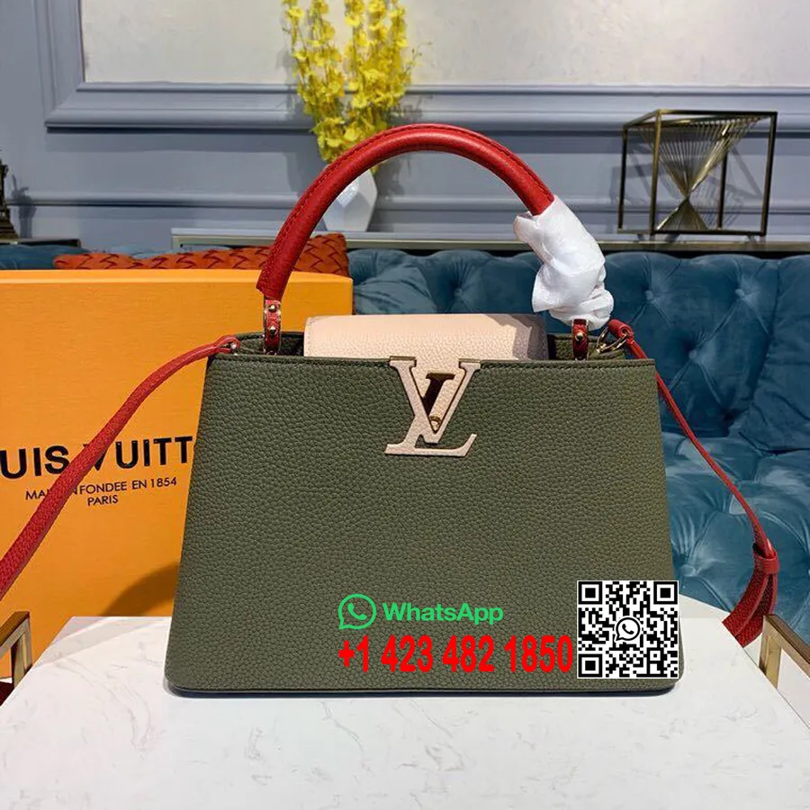 Louis Vuitton Capucines Pm Soma 31cm Taurillon Clemence Pavasara/vasaras 2019 Kolekcija M94755, Olīvzaļa/rožu Balerīna