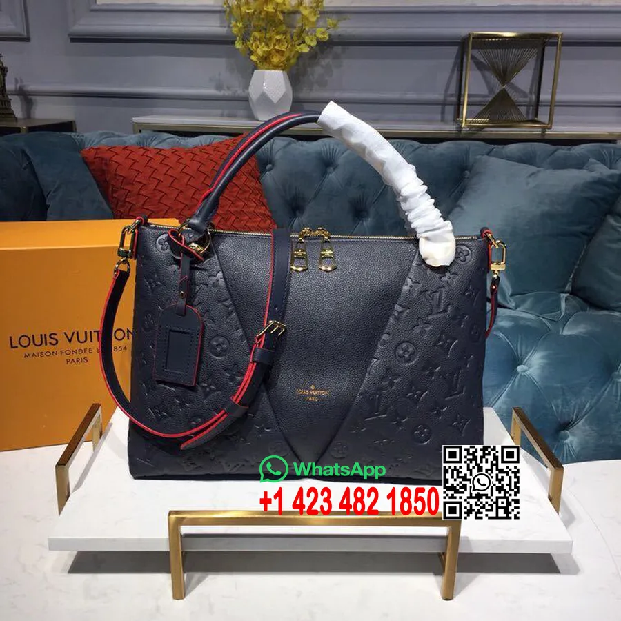 Louis Vuitton V Tote Mm Taske Monogram Empreinte Lærred Forår/sommer 2019 Kollektion M44397, Marine Rouge