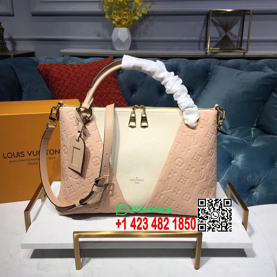 Louis Vuitton V Tote Mm Taske Monogram Empreinte Lærred Forår/sommer 2019 Kollektion M44422, Beige Rose Creme