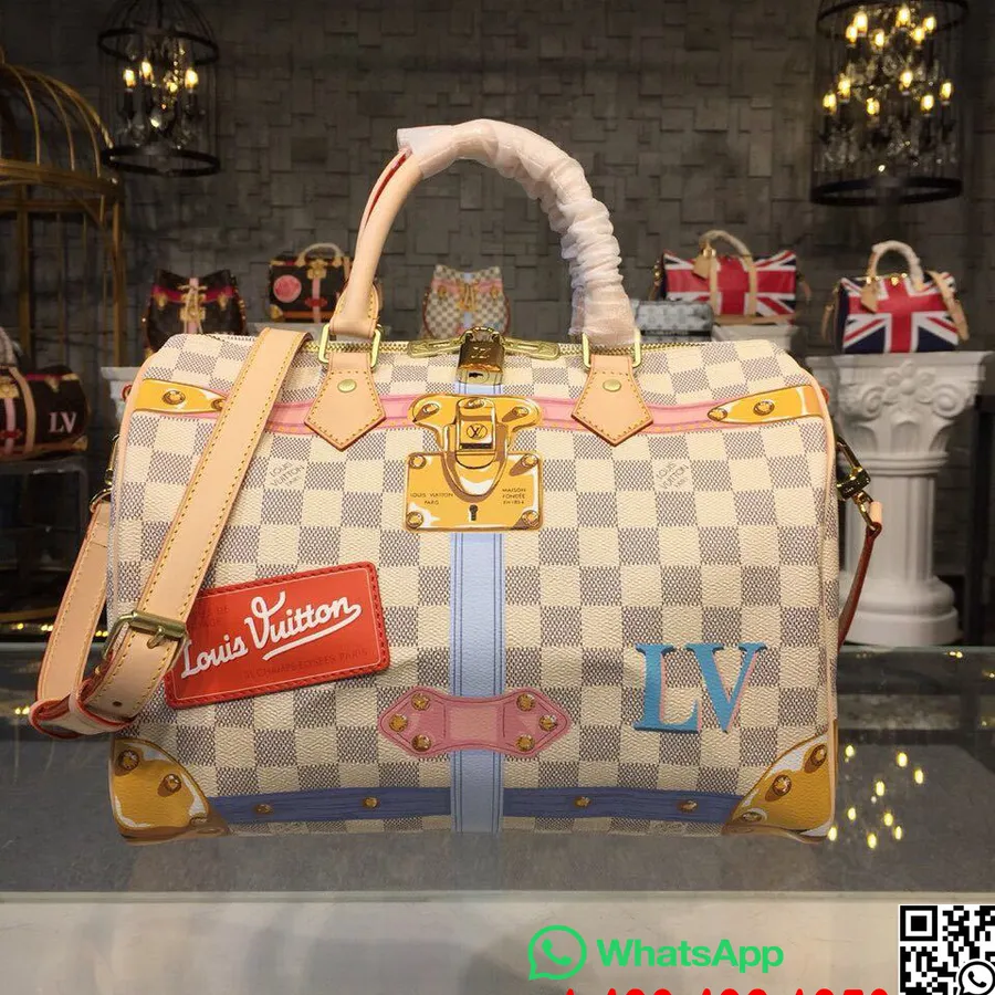 Louis Vuitton Speedy Bandouliere 30 Trompe L'oeil Print Damier Azur Canvas Høst/vinter 2018 Kolleksjon N41063, Rosa