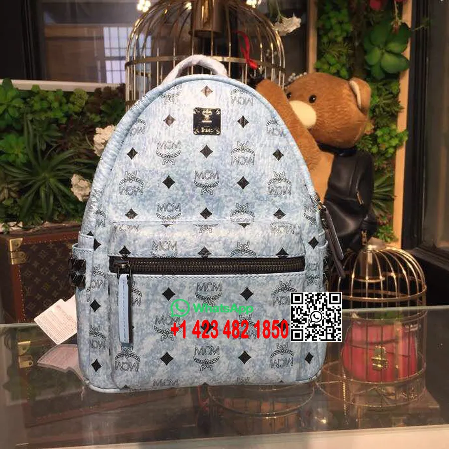 MCM Studded Backpack 24cm Calfskin Leather Spring/Summer 2018 Collection, Grey