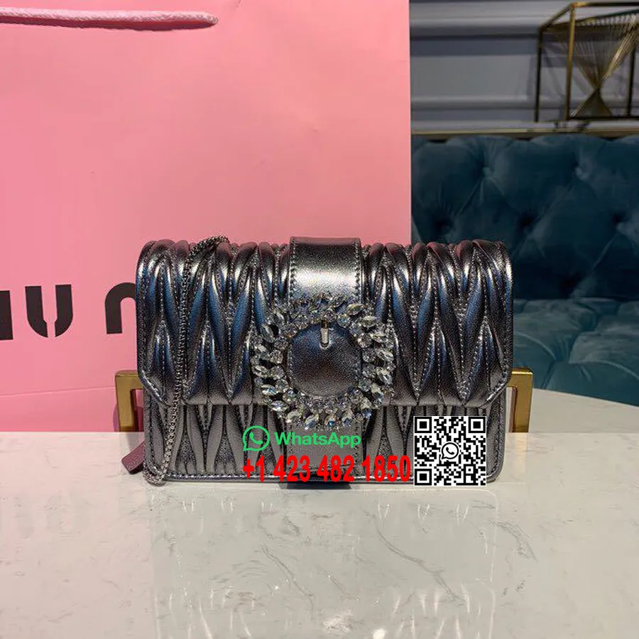 Miu Miu My Miu Matelasse Wallet On A Chain Shoulder Bag 5BH095 Nappa Calfskin Leather Spring/Summer 2019 Collection, Pewter