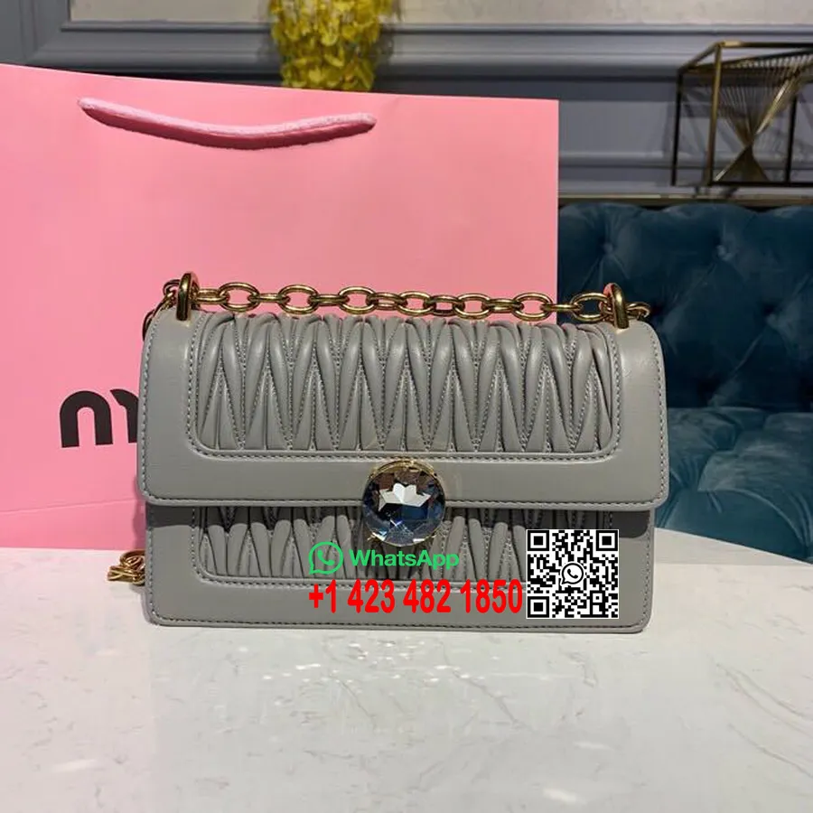 Tas Miu Miu Solitaire Matelasse 24cm 5bd130 Nappa Calfskin Leather Koleksi Musim Semi/musim Panas 2019, Abu-abu