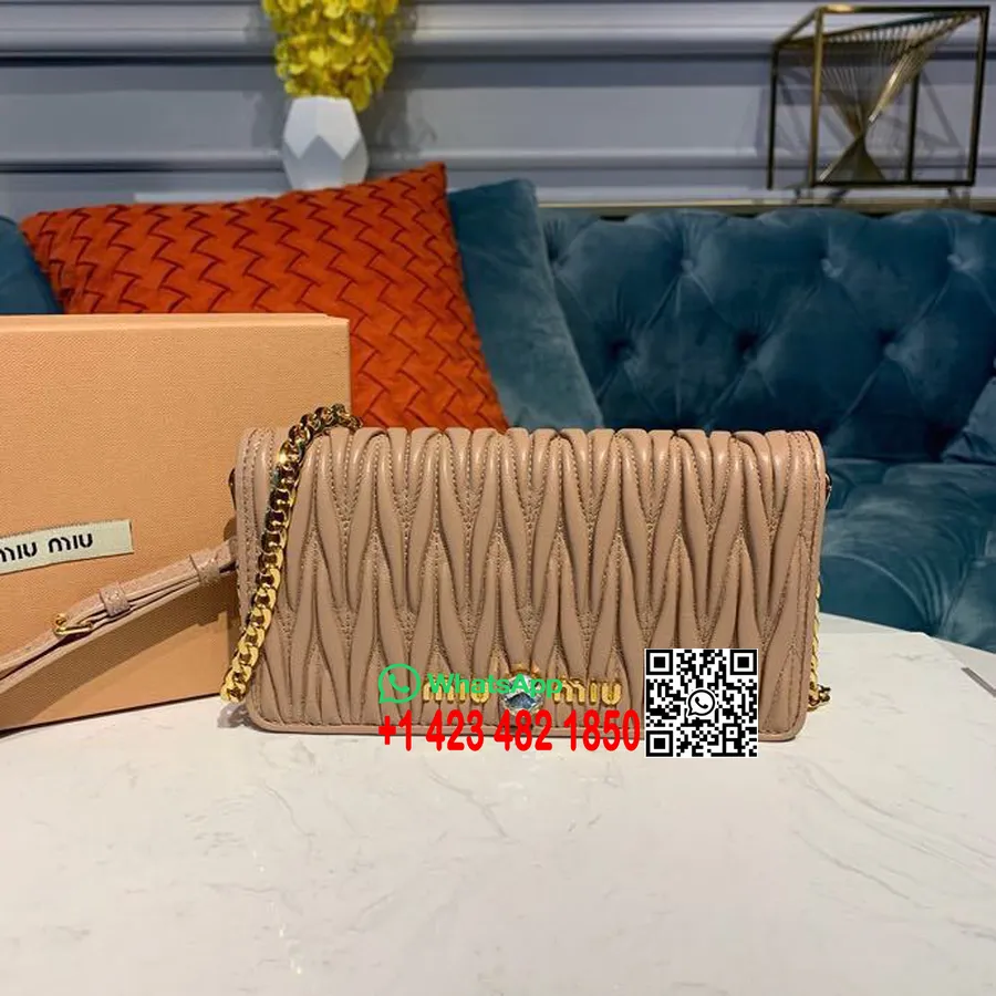 Miu Miu Portefeuille Matelasse Sur Sac Bandoulière Chaîne 5zh029 Cuir De Veau Nappa Collection Printemps/été 2019, Beige