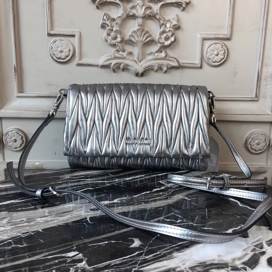 Miu Miu Matelasse Shoulder Bag 5BH080 Nappa Calfskin Leather Spring/Summer 2018 Collection Metallic Silver