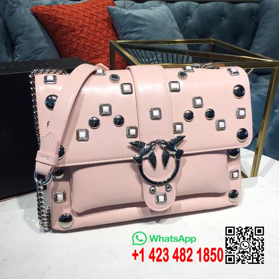 Pinko Bolsa Grande Amor Cravejada 29cm Couro De Bezerro Escovado Prata Hardware Coleção Primavera/verão 2019, Rosa Claro