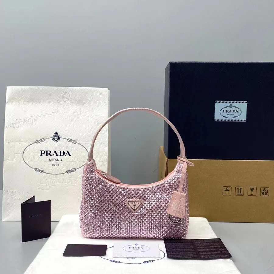 Tas Prada Crystal Hobo 22cm 6641 Nilon Kulit Cruise Koleksi 2021, Pink