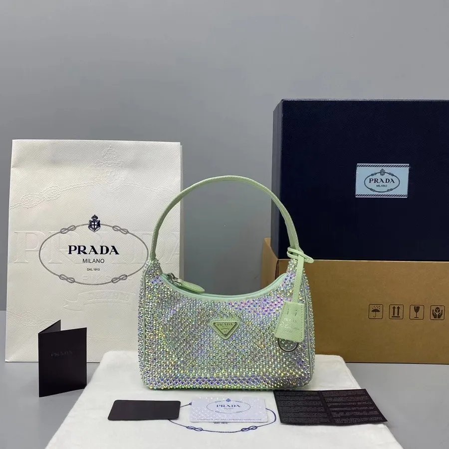 Prada Crystal Hobo Taška 22cm 6641 Nylon Kožená Cruise 2021 Kolekce, Světle Zelená