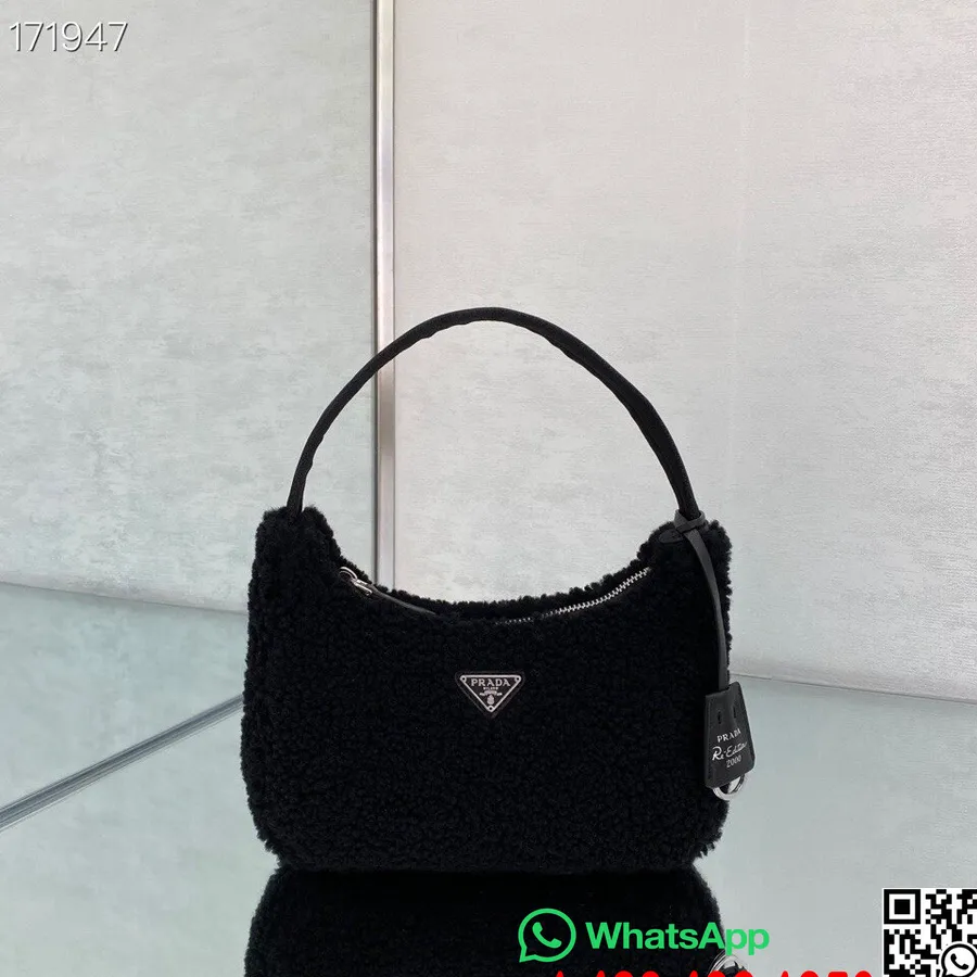 Prada Shearling Pels Hobo Taske 22cm 6620 Nylon Læder Cruise 2021 Kollektion, Sort