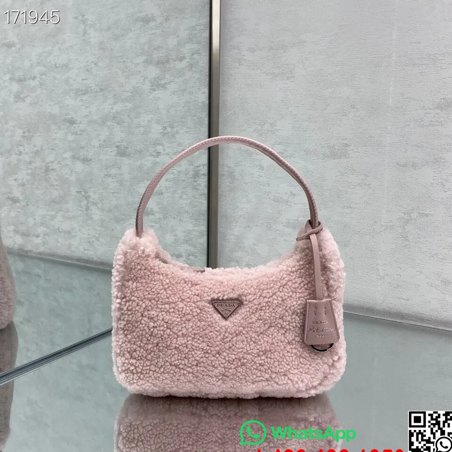 Prada Shearling Turkis Hobo Laukku 22cm 6620 Nylon Nahka Cruise 2021 Kokoelma, Vaaleanpunainen