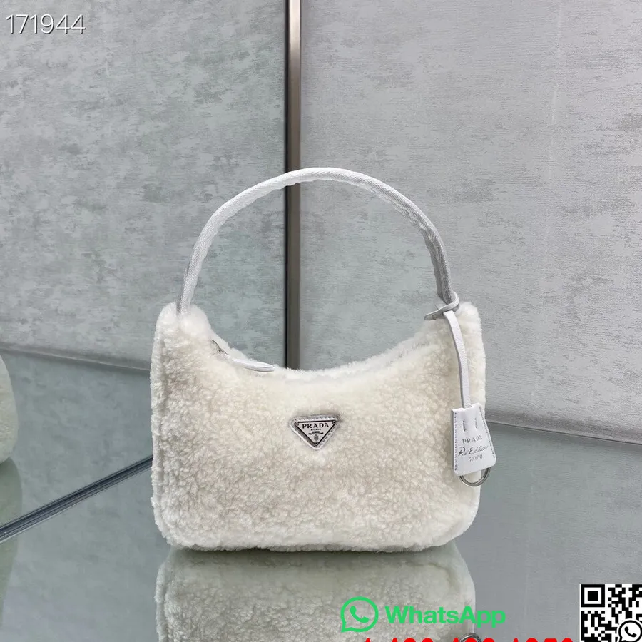 Tas Hobo Bulu Prada Shearling 22cm 6620 Koleksi Pelayaran Kulit Nilon 2021, Putih