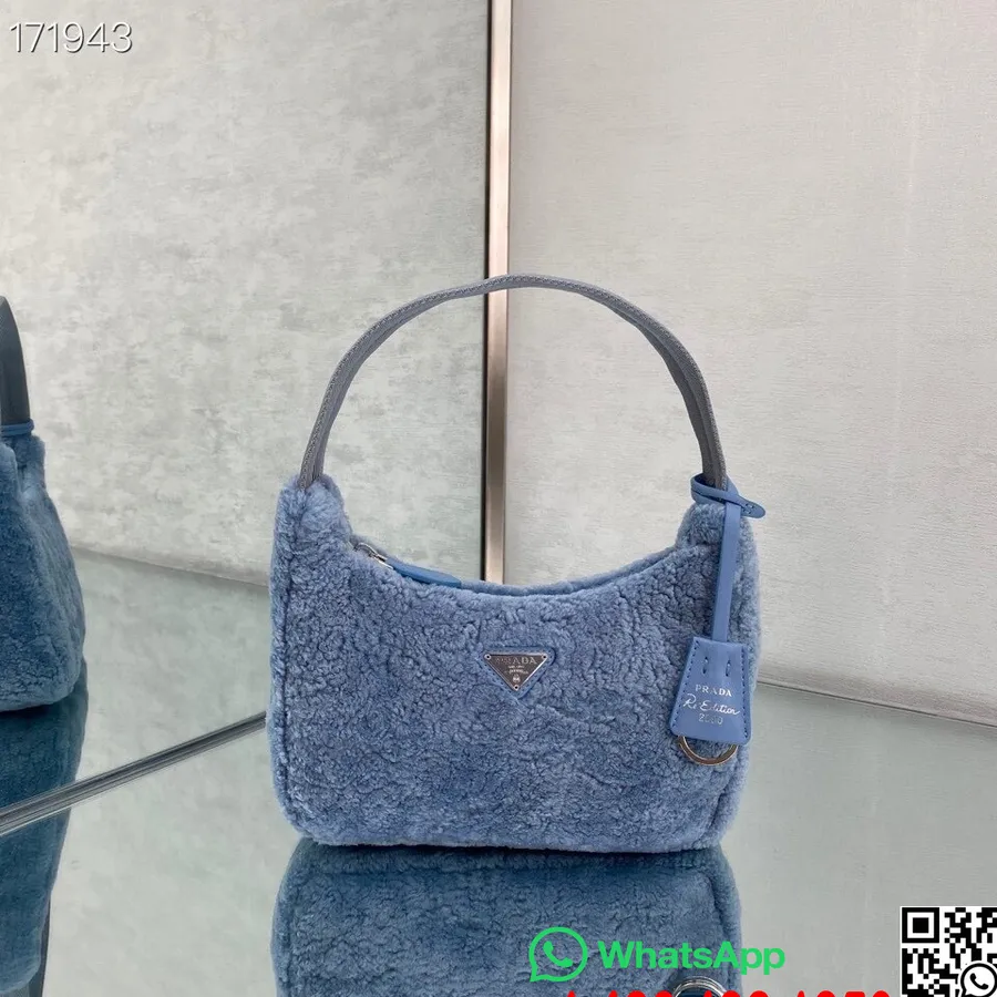 Taška Prada Shearling Kožešinová Hobo 22cm 6620 Nylonová Kůže Cruise 2021 Kolekce, Světle Modrá