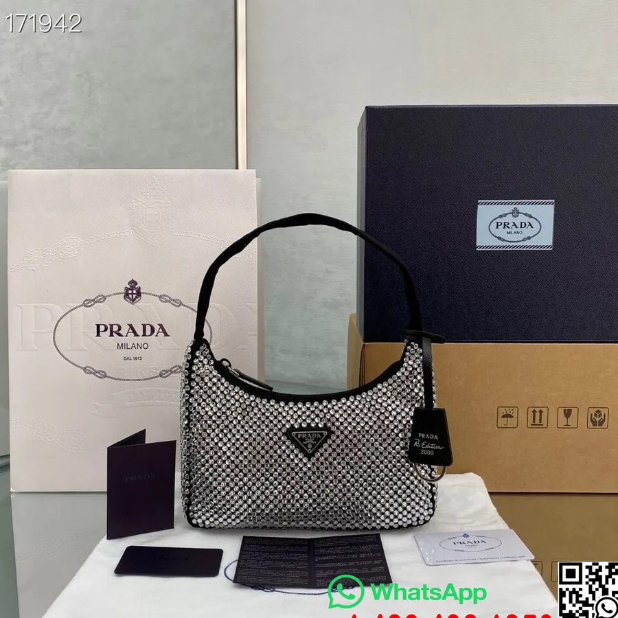 Geantă Prada Cu Cristal 22cm 6641 Piele Nailon Colecția Cruise 2021, Negru