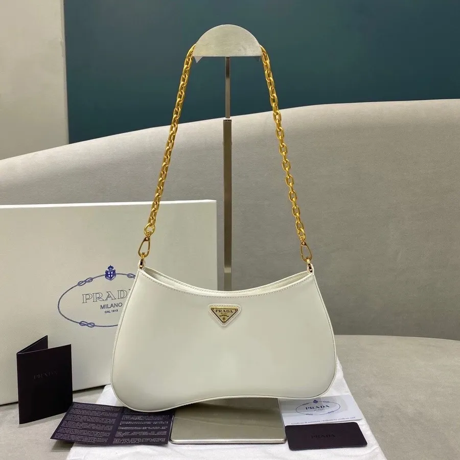 Prada Sac Hobo Chaîne 24cm 1bd312 Cuir De Veau Collection Croisière 2021, Blanc