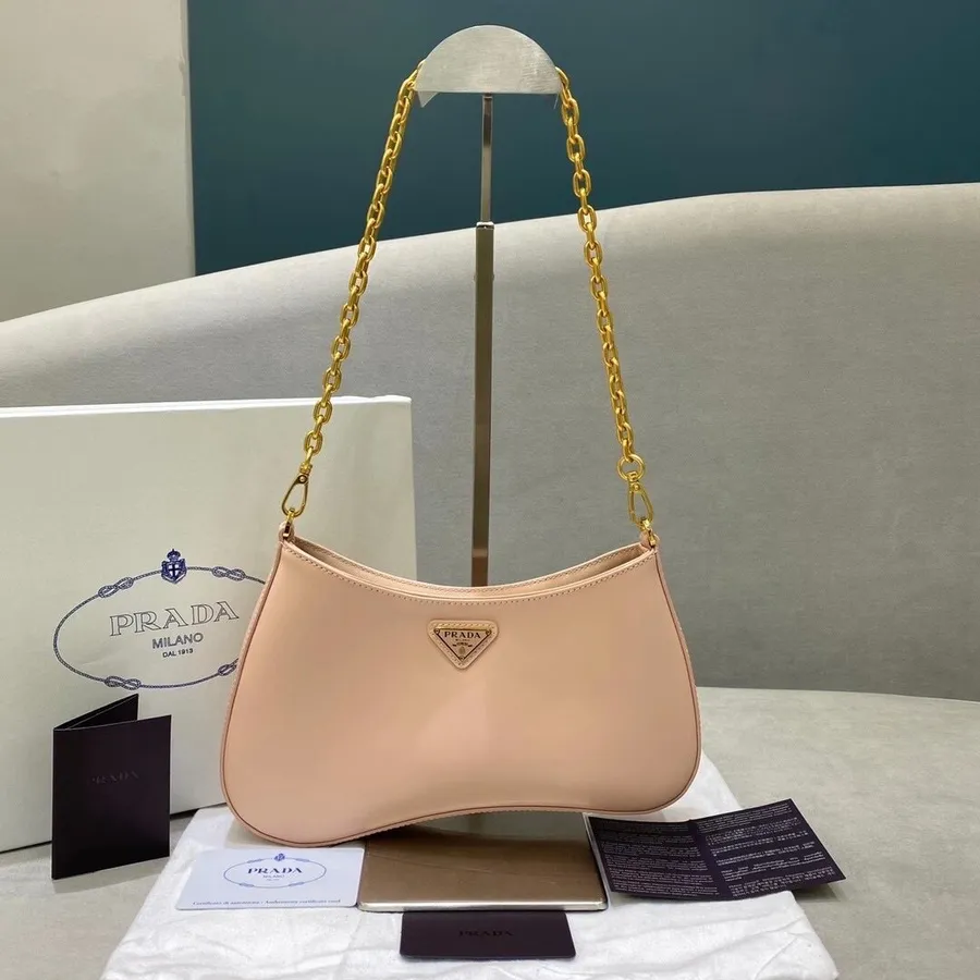 Geantă Prada Hobo Cu Lanț 24cm 1bd312 Piele De Vițel Colecția Cruise 2021, Roz Deschis