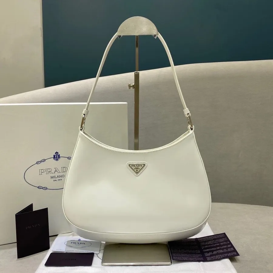 Prada Hobo Bag 28cm 1bd311 Kalvskinn Läder Cruise 2021 Kollektion, Vit