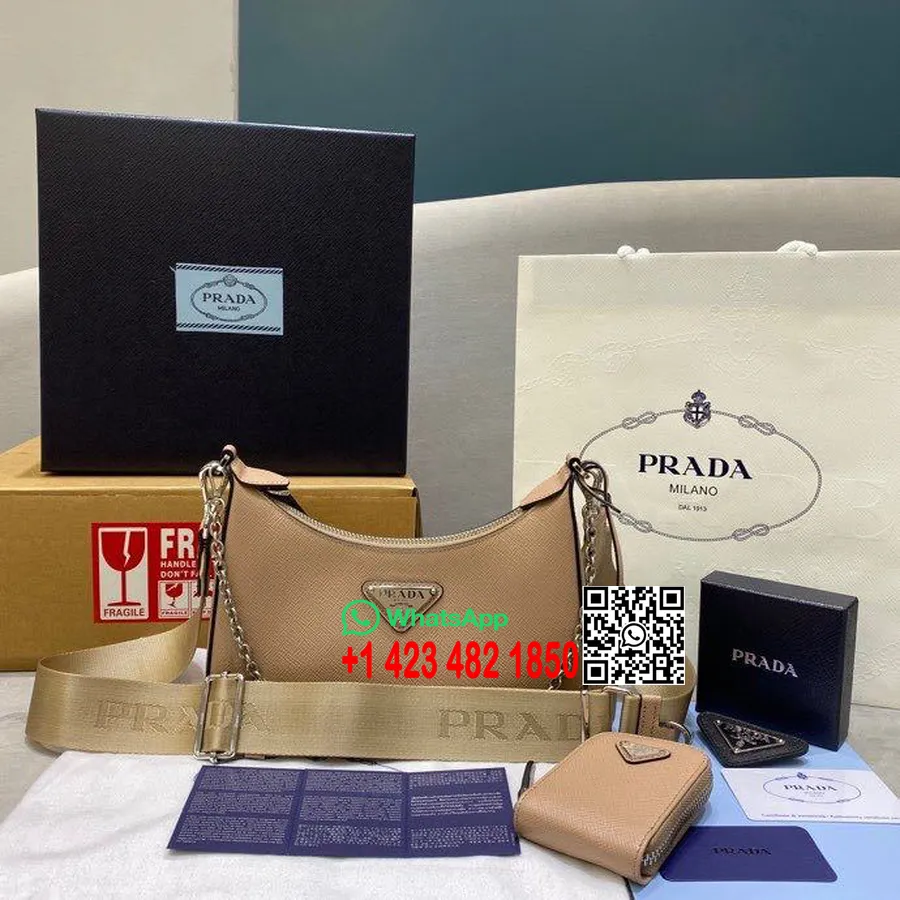 Prada Re-edition 2005 Hobo Väska 22cm 64789 Saffiano Läder Vår/sommar 2020 Kollektion, Beige