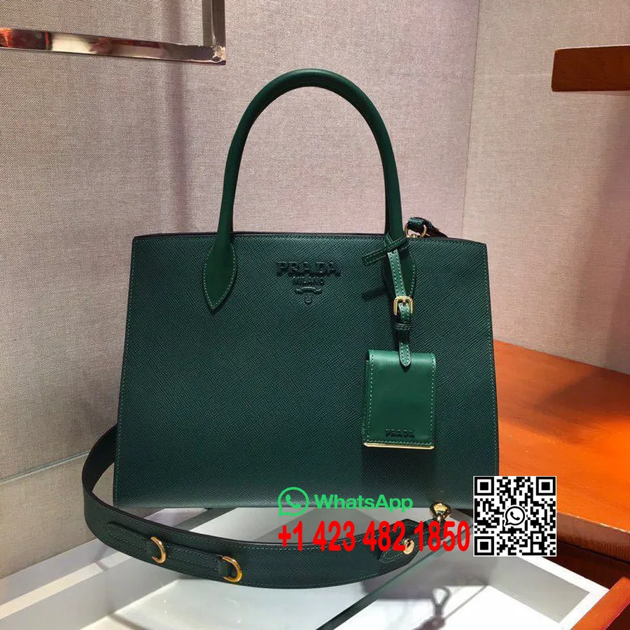 Prada μονόχρωμη τσάντα 34cm 1ba155 Saffiano δερμάτινη συλλογή άνοιξη/καλοκαίρι 2020, σκούρο πράσινο