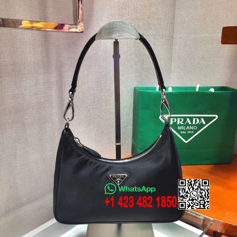 Tas Hobo Nilon Edisi Ulang Prada 24cm 1bc204 Koleksi Musim Semi/musim Panas 2020, Hitam