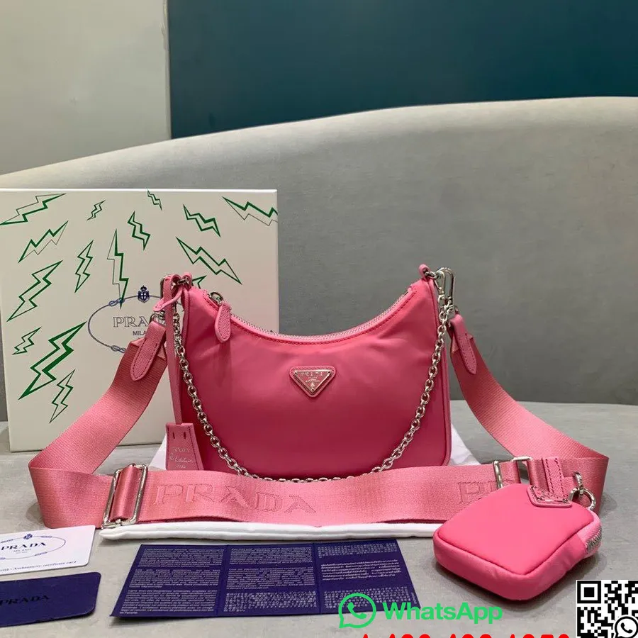 Prada Re-edition 2005 Nylon Hobo Bag 24cm Vår/sommer 2020 Kolleksjon, Hot Pink