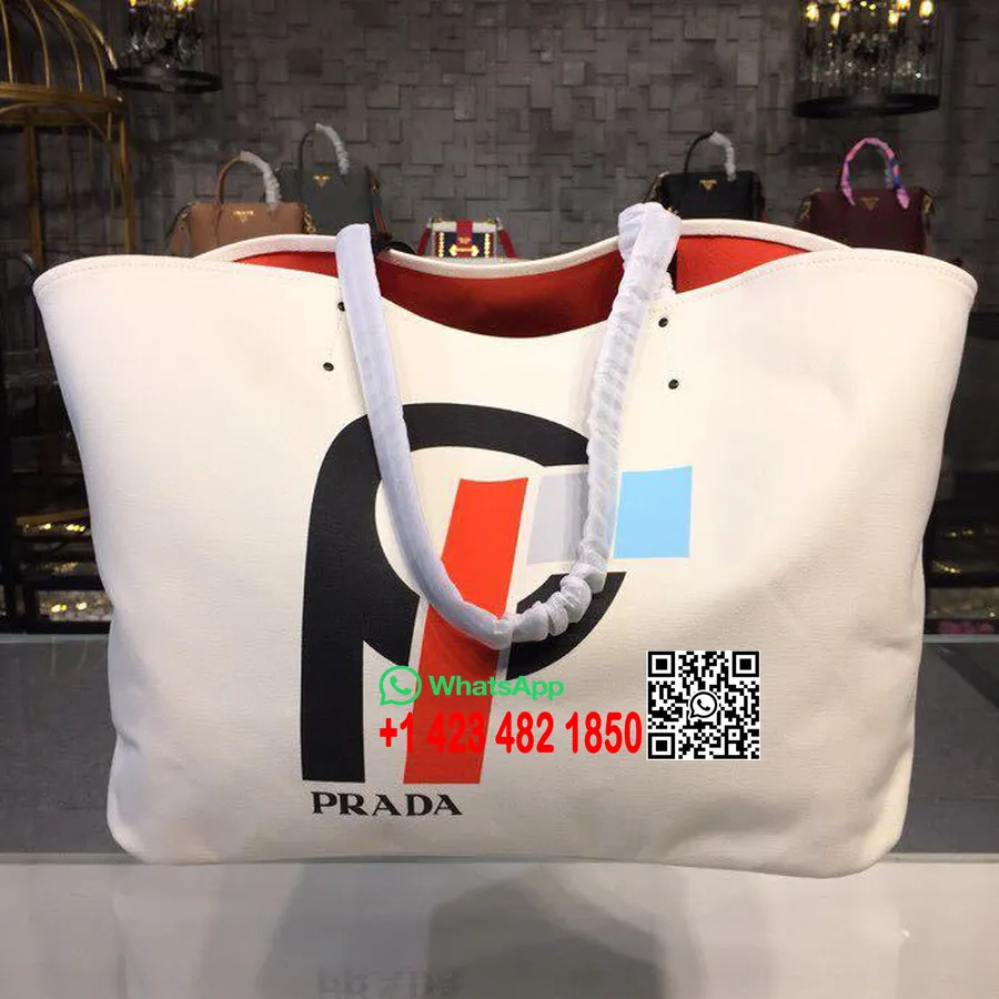 Tas Tote Logo Kanvas Prada 42Cm 1bg220 Koleksi Kanvas Musim Semi/Musim Panas 2018, Putih