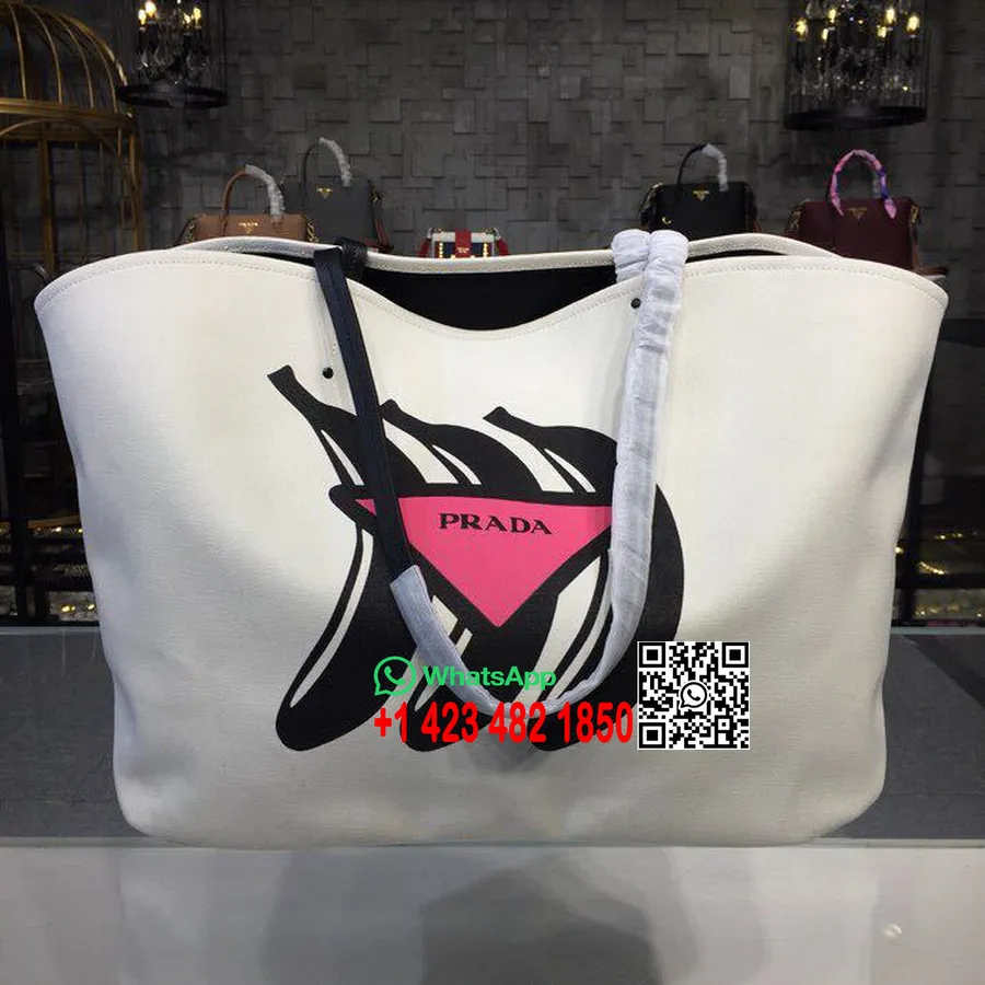 Prada Kanvas Pisang Tote Bag 42Cm 1bg220 Kanvas Musim Semi/Musim Panas 2018 Koleksi Putih