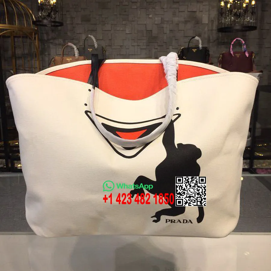 Prada Kanvas Monkey Tote Bag 42Cm 1bg220 Kanvas Musim Semi/Musim Panas 2018 Koleksi Putih